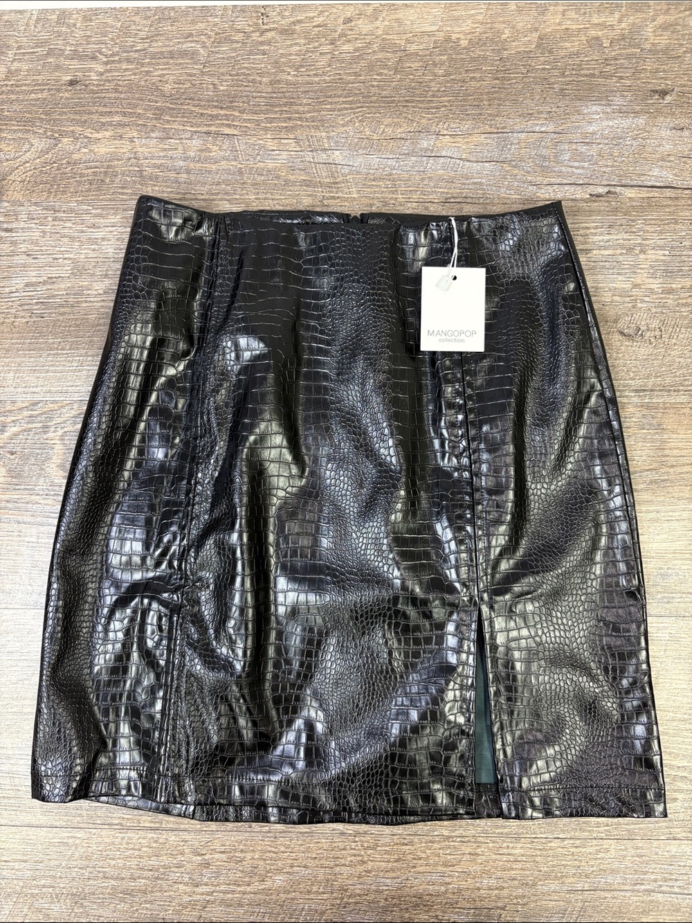 MangoPop Black Croc Embossed Faux Leather Mini Skirt Size XS NWT